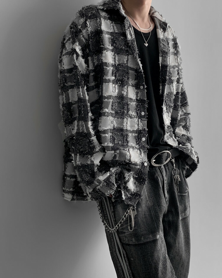 粗呢毛格紋長袖襯衫