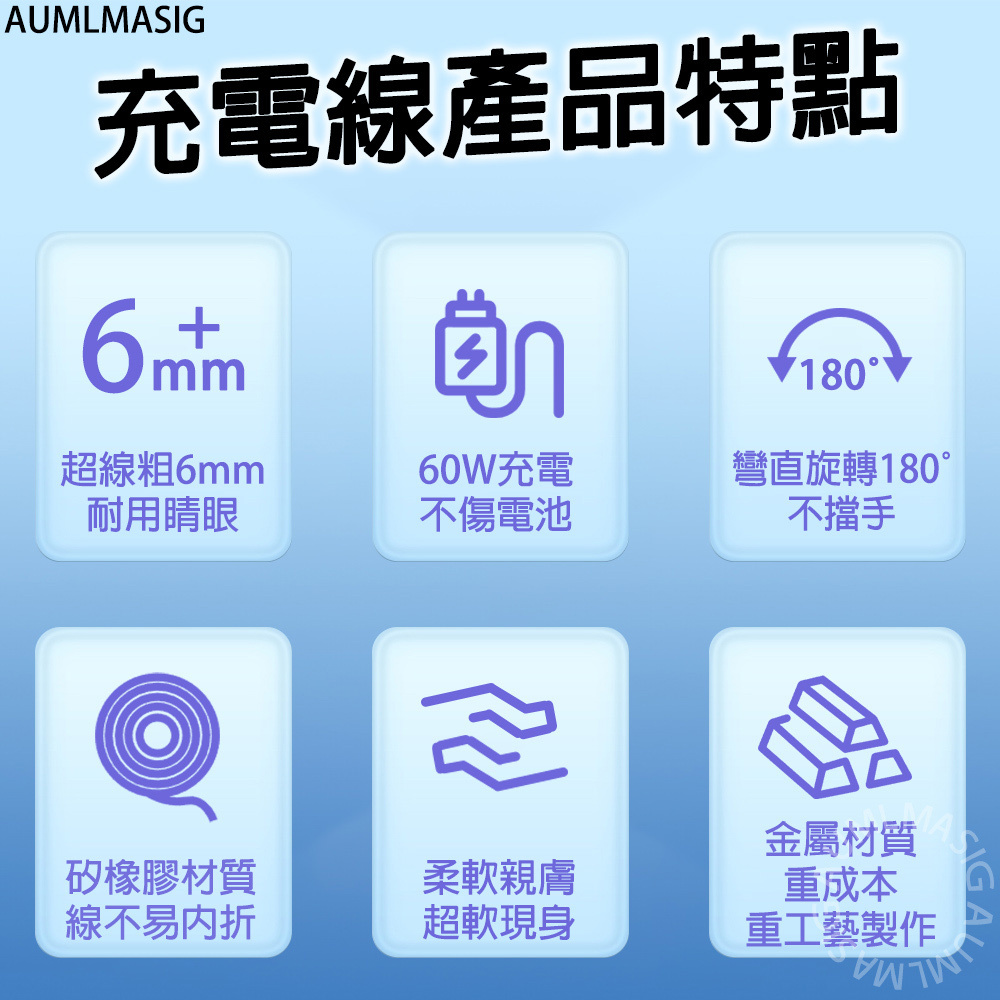 AUMLMASIG 180°旋轉金屬矽橡膠數據線 工業風格+超粗線材+柔軟矽橡膠 60WMAX 加粗充電線不傷電池 可旋轉180度  充電不傷機  全金屬接頭 夜晚LED指示燈 柔軟超親膚 手機充電線 超吸睛充電線 快充數據線 手遊充電線