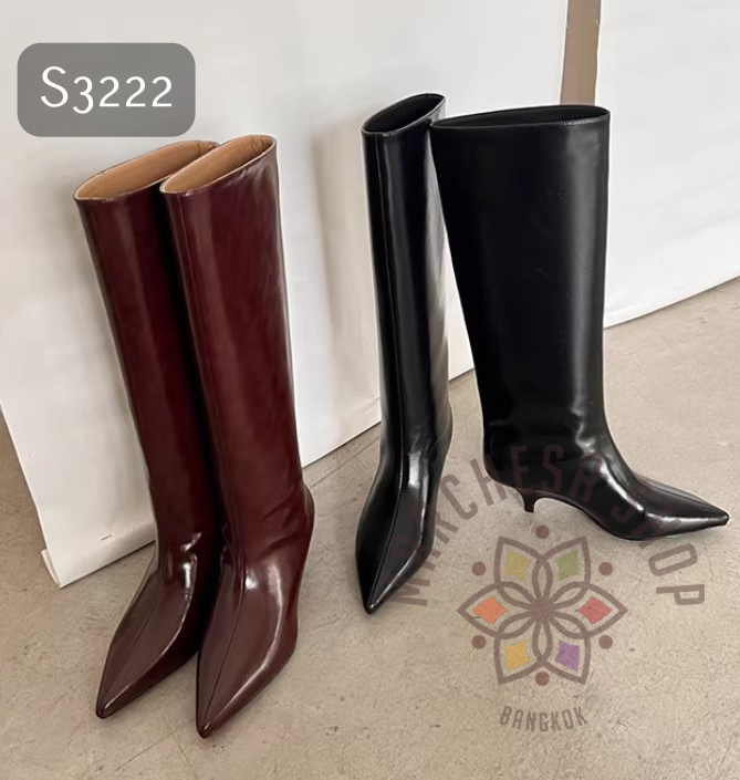 S3222 - 全真皮牛皮純色簡約濶筒尖頭低踭長/短靴