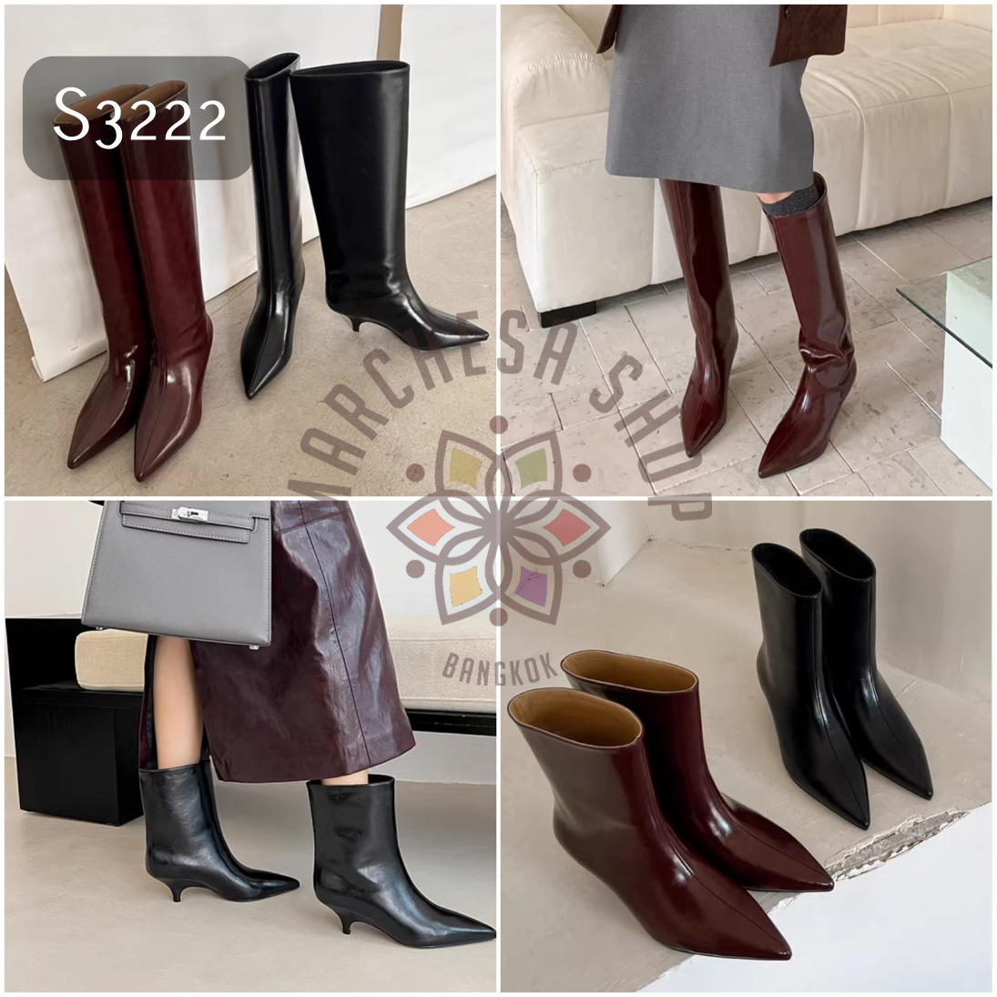 S3222 - 全真皮牛皮純色簡約濶筒尖頭低踭長/短靴