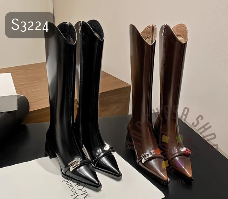 S3224 - 全真皮牛皮水磨尖頭高踭長靴
