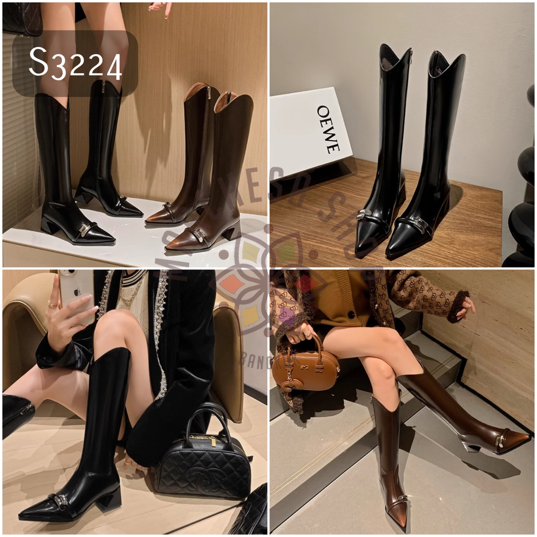 S3224 - 全真皮牛皮水磨尖頭高踭長靴