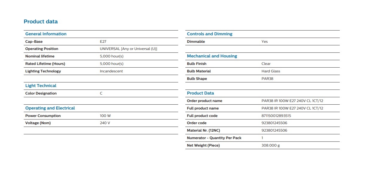 飛利浦 IR100C PAR 38 240V 100W E27 透明紅外線燈