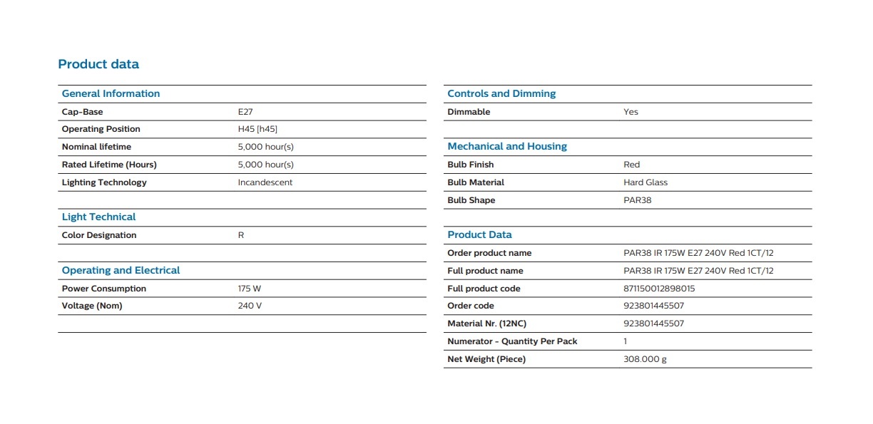 飛利浦 IR175R PAR 38 240V 175W E27 紅外線燈