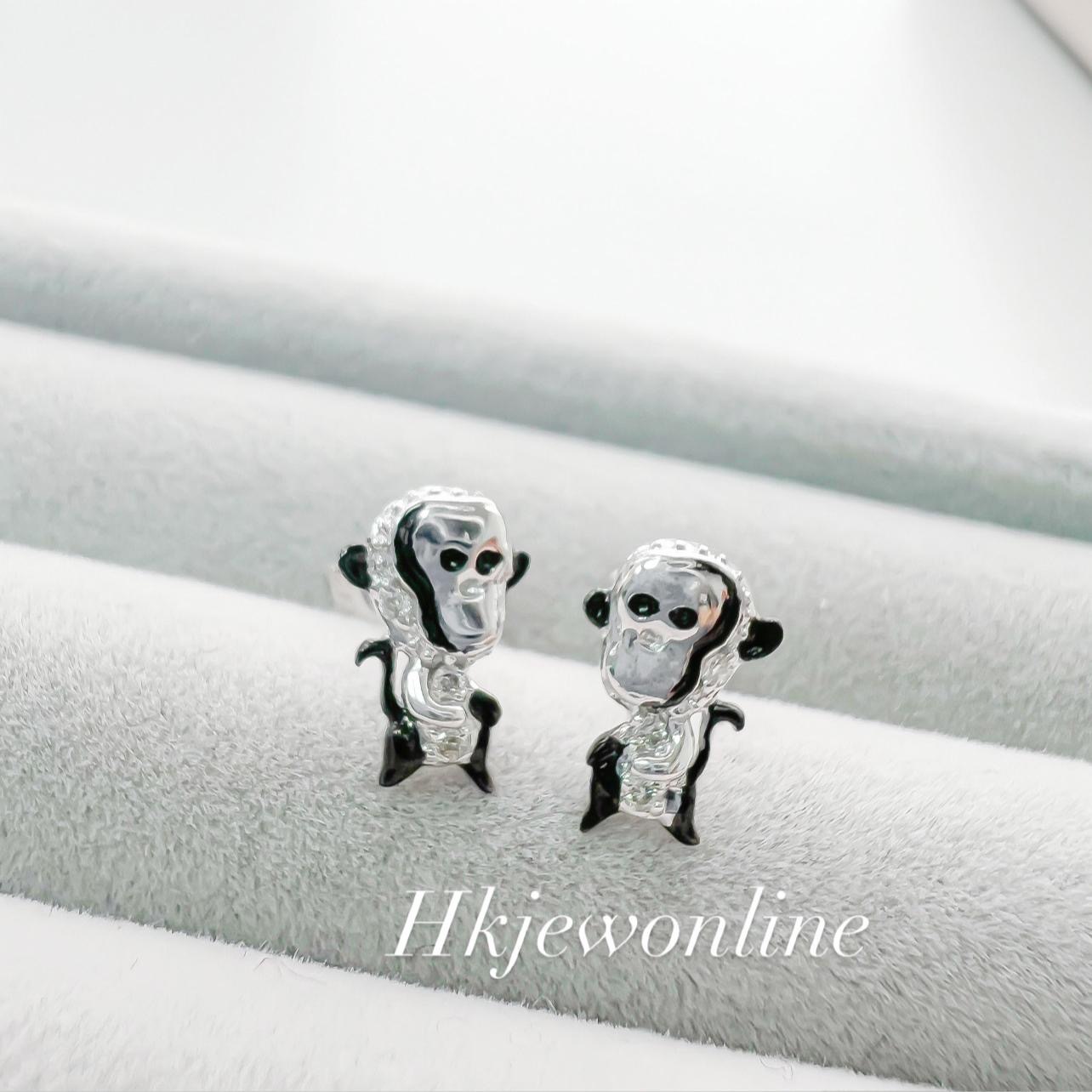 🐒14K White Gold Diamond Monkey Earrings