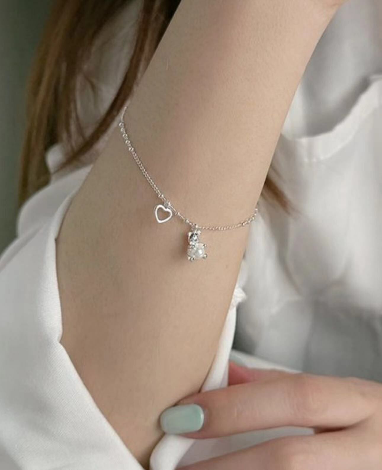 Z24愛心小熊珍珠純銀手鍊