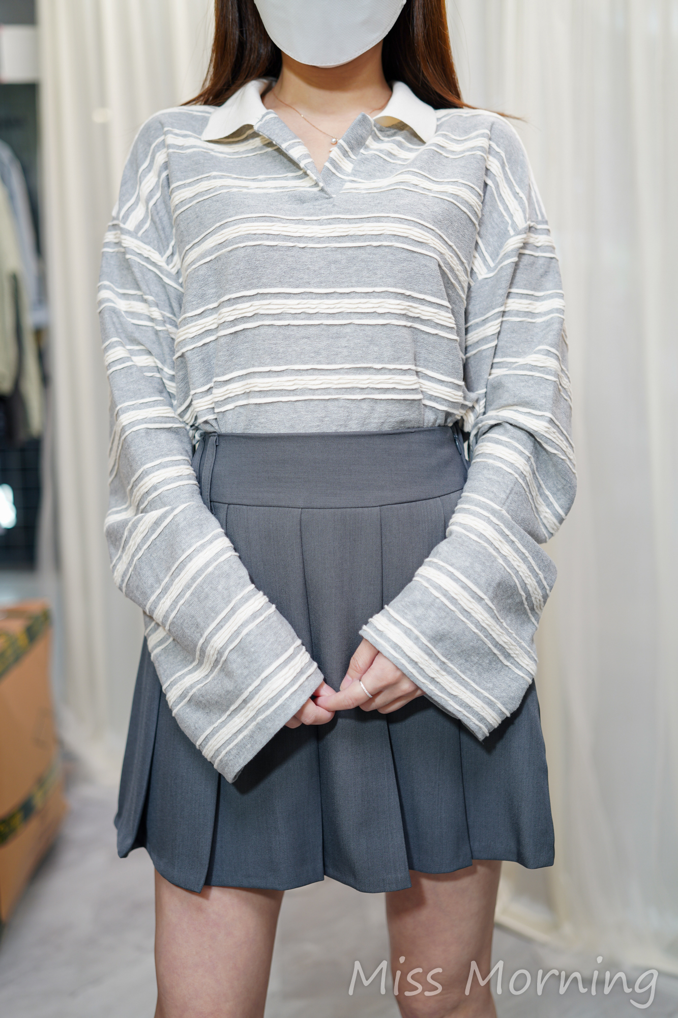 反領立體條子款上衣(14183)