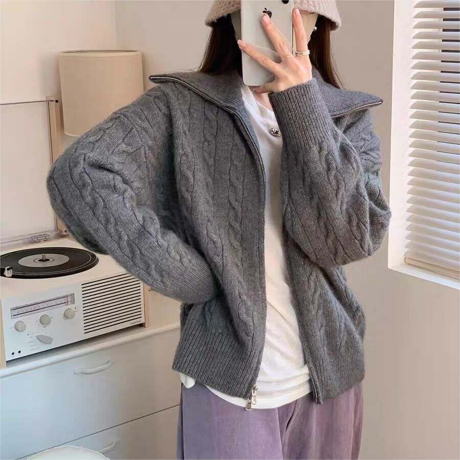 ᴷᴼᴿᴱᴬ 正韓🇰🇷韓版麻花翻領雙拉鏈開衫