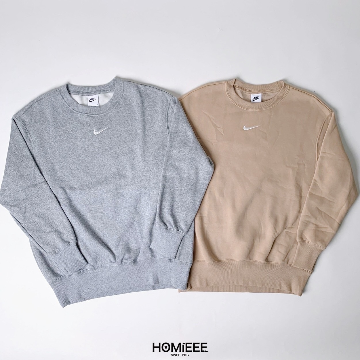 Nike Nsw Crew 衛衣 大學T 小勾 刷毛 落肩 寬鬆 灰色 奶茶 女款 [DQ5734]