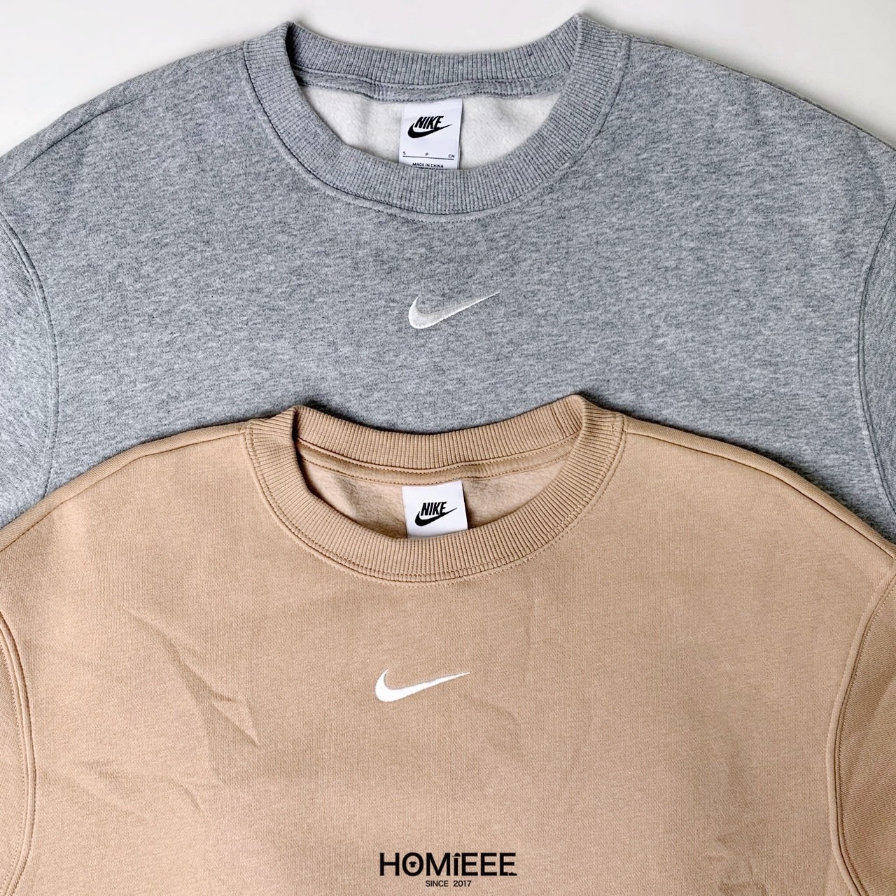 Nike Nsw Crew 衛衣 大學T 小勾 刷毛 落肩 寬鬆 灰色 奶茶 女款 [DQ5734]