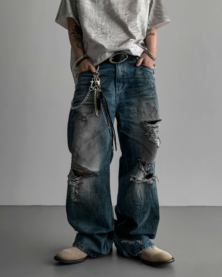髒洗設計破洞牛仔褲