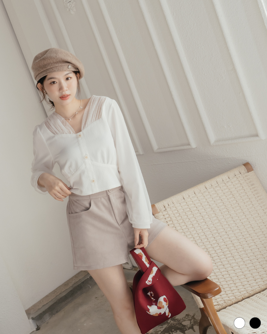 V領半透抽皺纖腰短版上衣