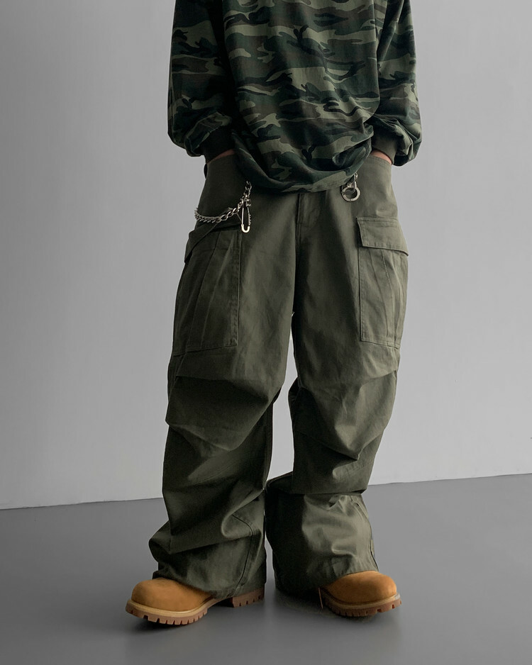 (韓國限時特價)側邊拉鍊降落傘工裝褲