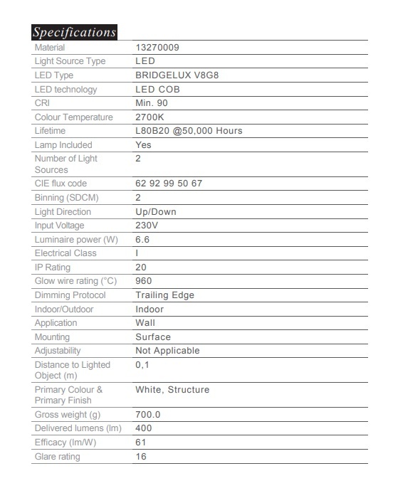 MODULAR 13270009 SULFER 牆向上/向下 LED 6.6W 2700K 白色可調光