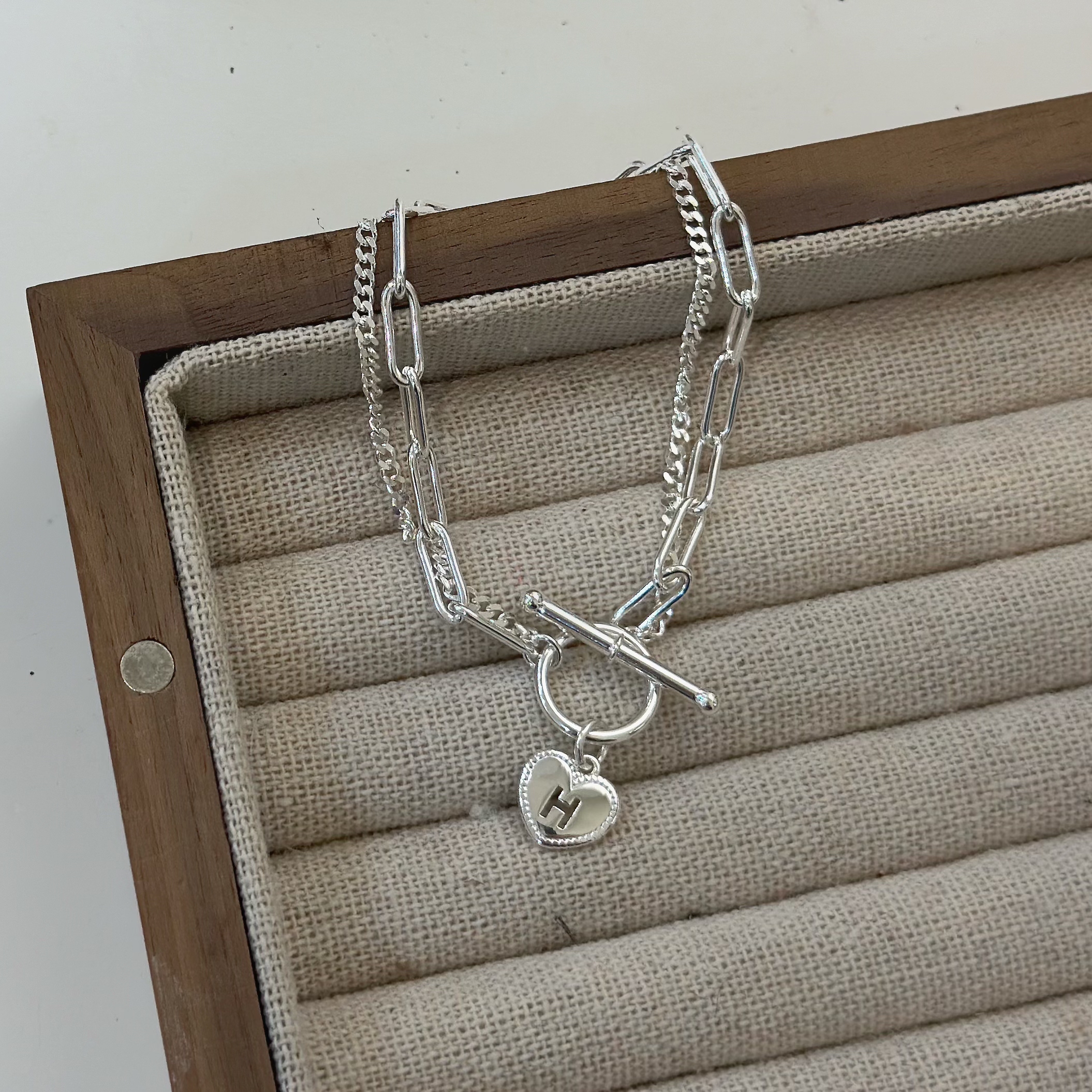 J02愛心字母H雙層OT扣純銀手鍊