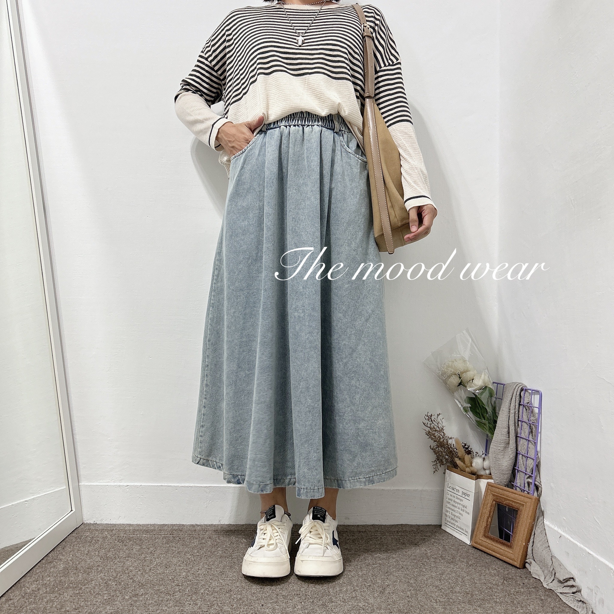 口袋Ａ字高腰牛仔長裙 大尺碼長裙(深藍/淺藍)