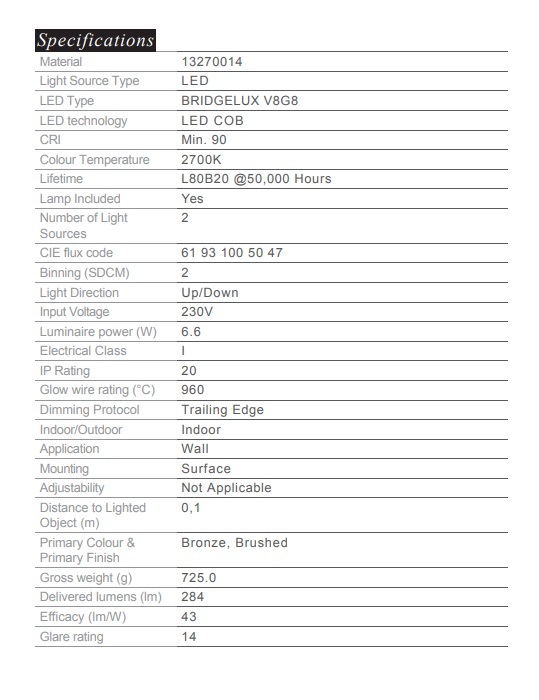 MODULAR 13270014 SULFER 牆向上/向下 LED 6.6W 2700K 青銅拉絲陽極氧化可調光
