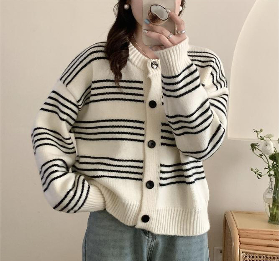 ᴷᴼᴿᴱᴬ 正韓🇰🇷圓領條紋日系針織百搭毛衣外套