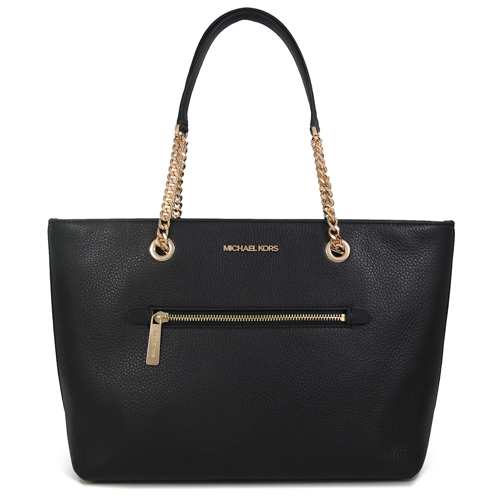 【Michael Kors】MLK-C008-6-3 金字Logo 鵝卵石紋 皮革 前拉鍊袋 金鏈 肩背包 黑荔枝紋 中托特包