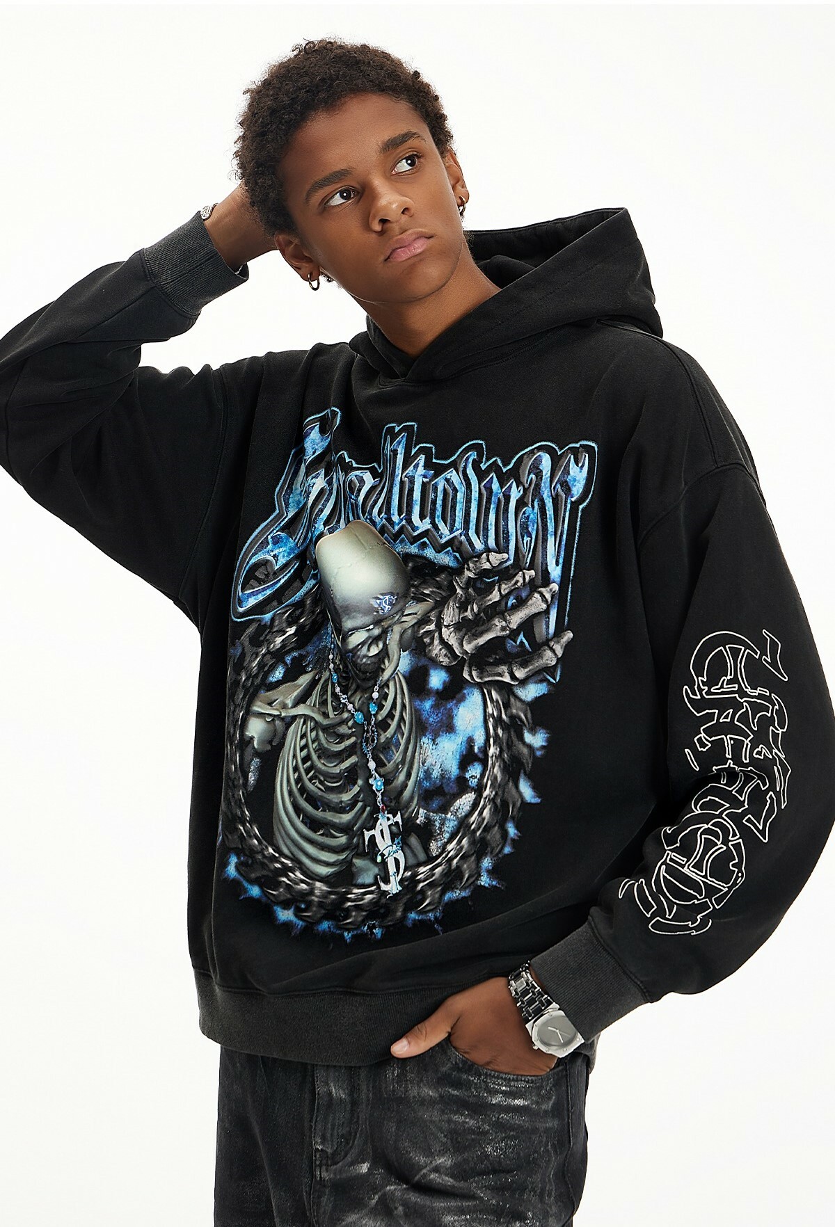 STK SmallTownKid 藍焰骷髏 美式印花 帽T