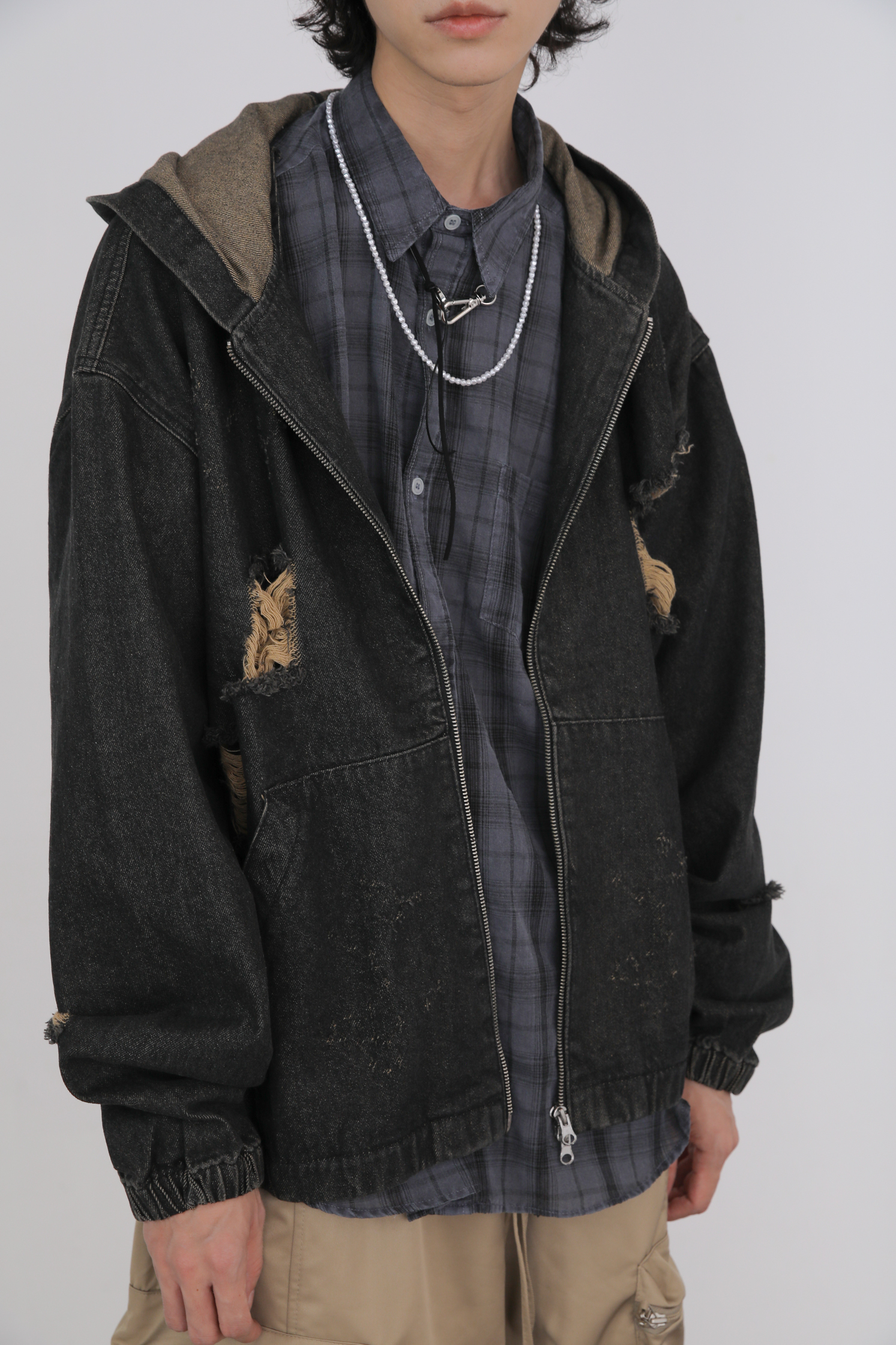 Damage Denim Set-Hood Zip Up #外套
