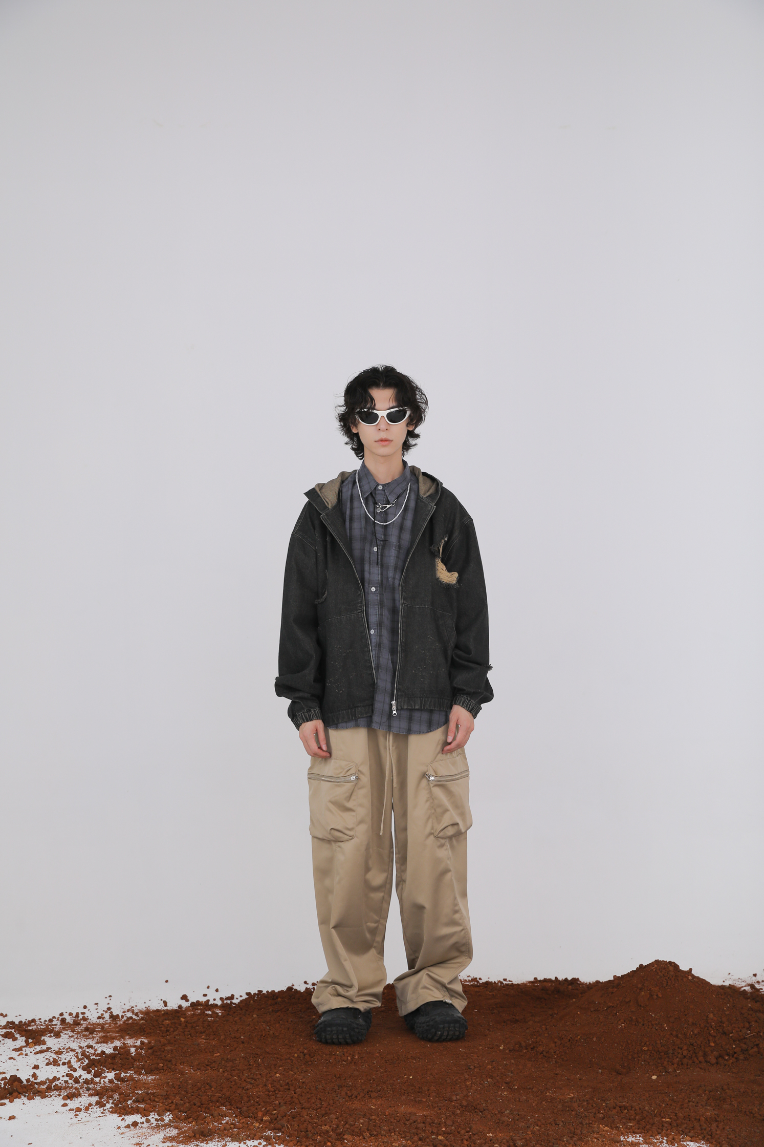 Damage Denim Set-Hood Zip Up #外套