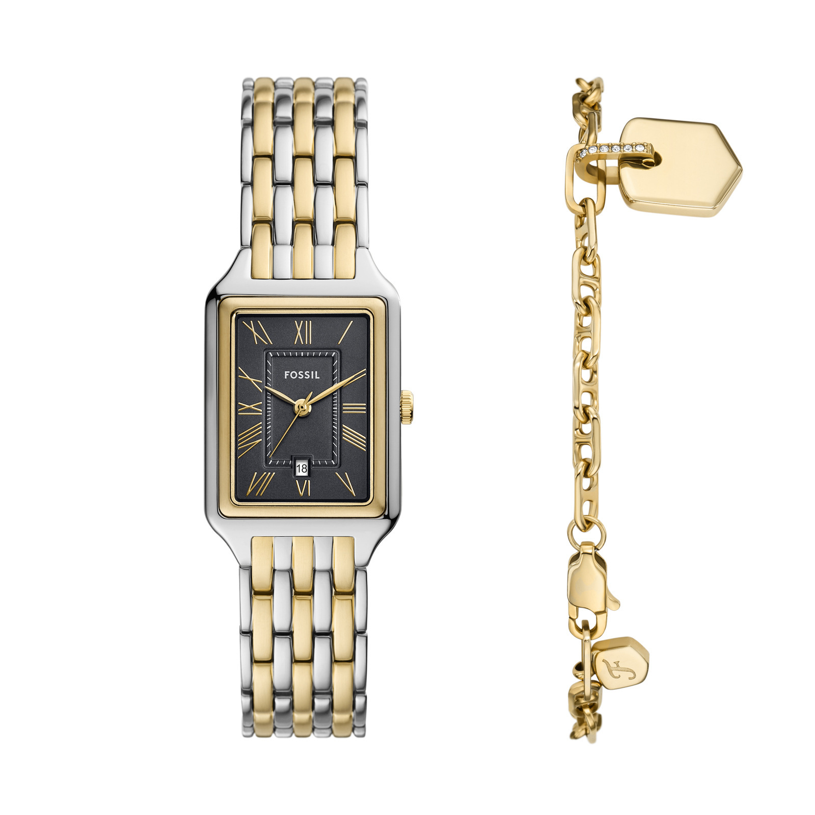 Raquel 復古女伶羅馬數字手錶手鍊套組 金色x銀色不鏽鋼鍊帶 23MM ES5376SET