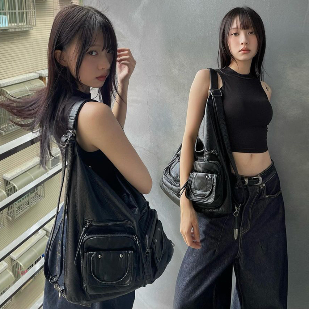 口袋拉鍊皮革雙肩包