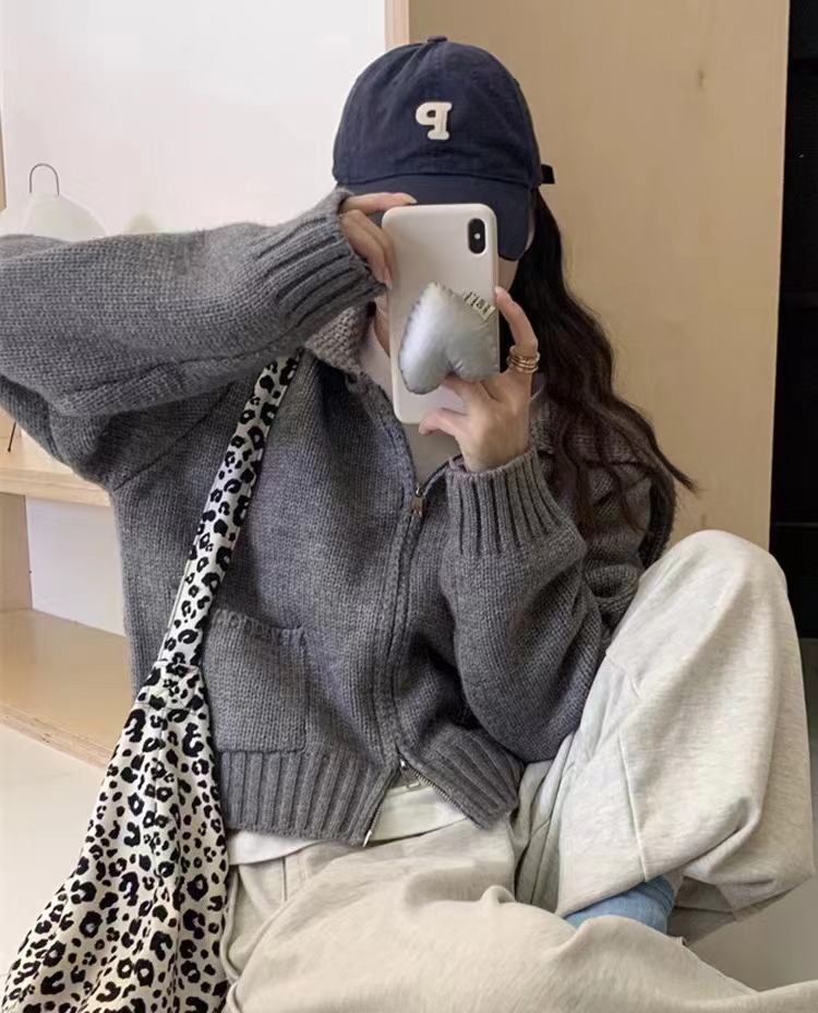 ᴷᴼᴿᴱᴬ 正韓🇰🇷<現貨> 韓系雙拉鍊披肩針織毛衣外套(灰色)