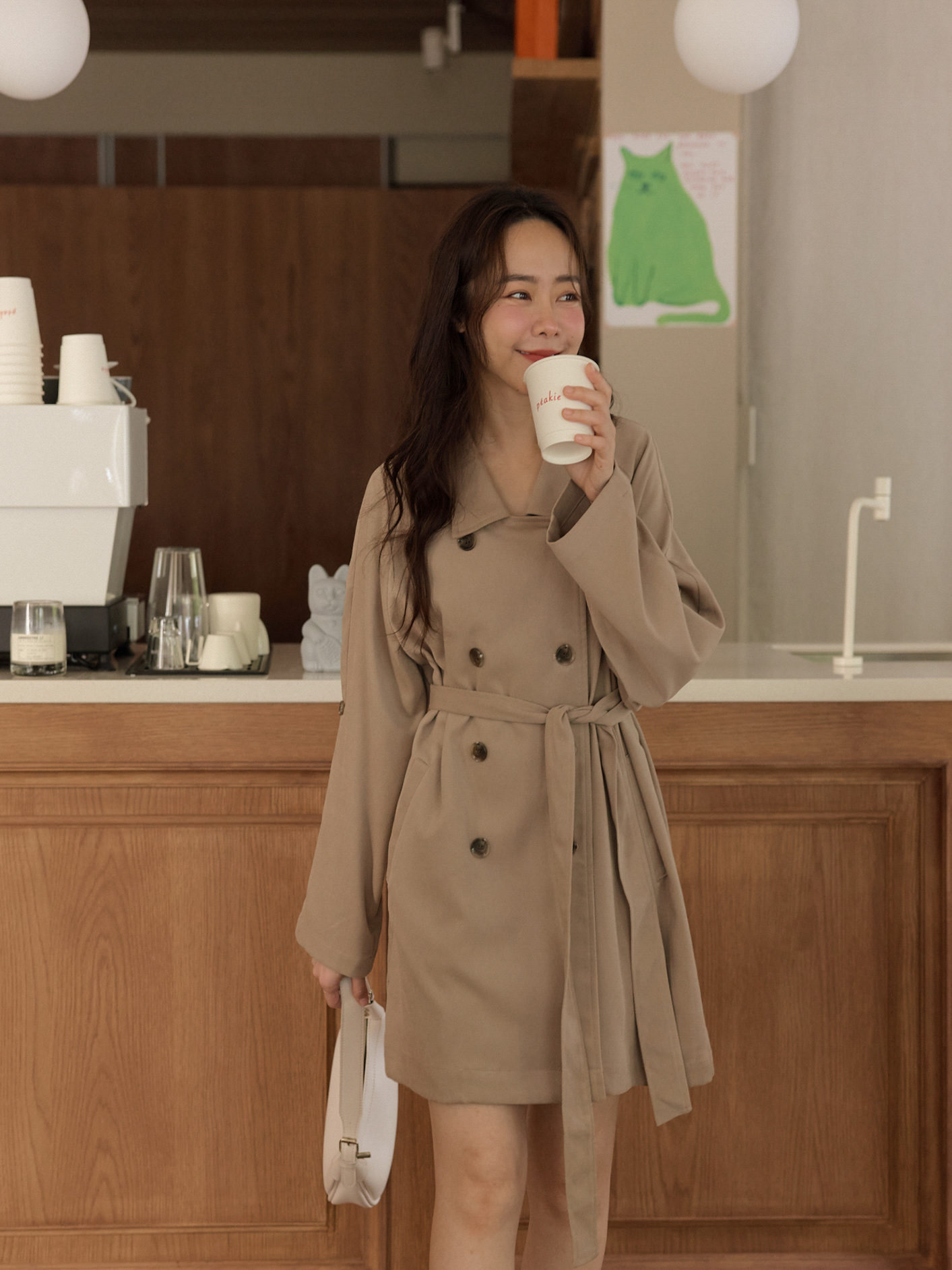 雙排釦綁帶長版風衣