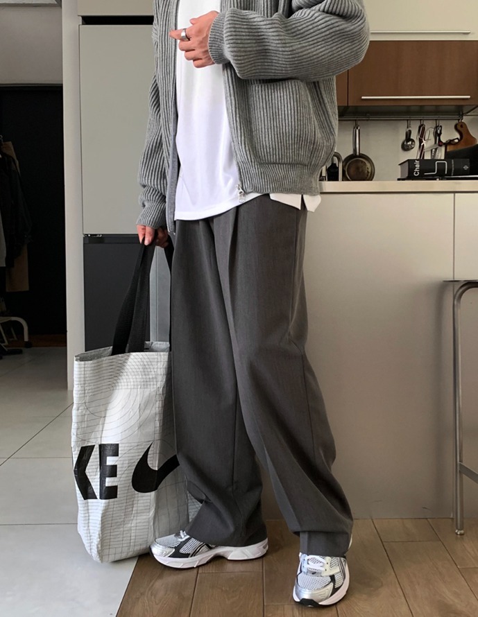 一摺側邊鬆緊寬鬆休閒西裝褲