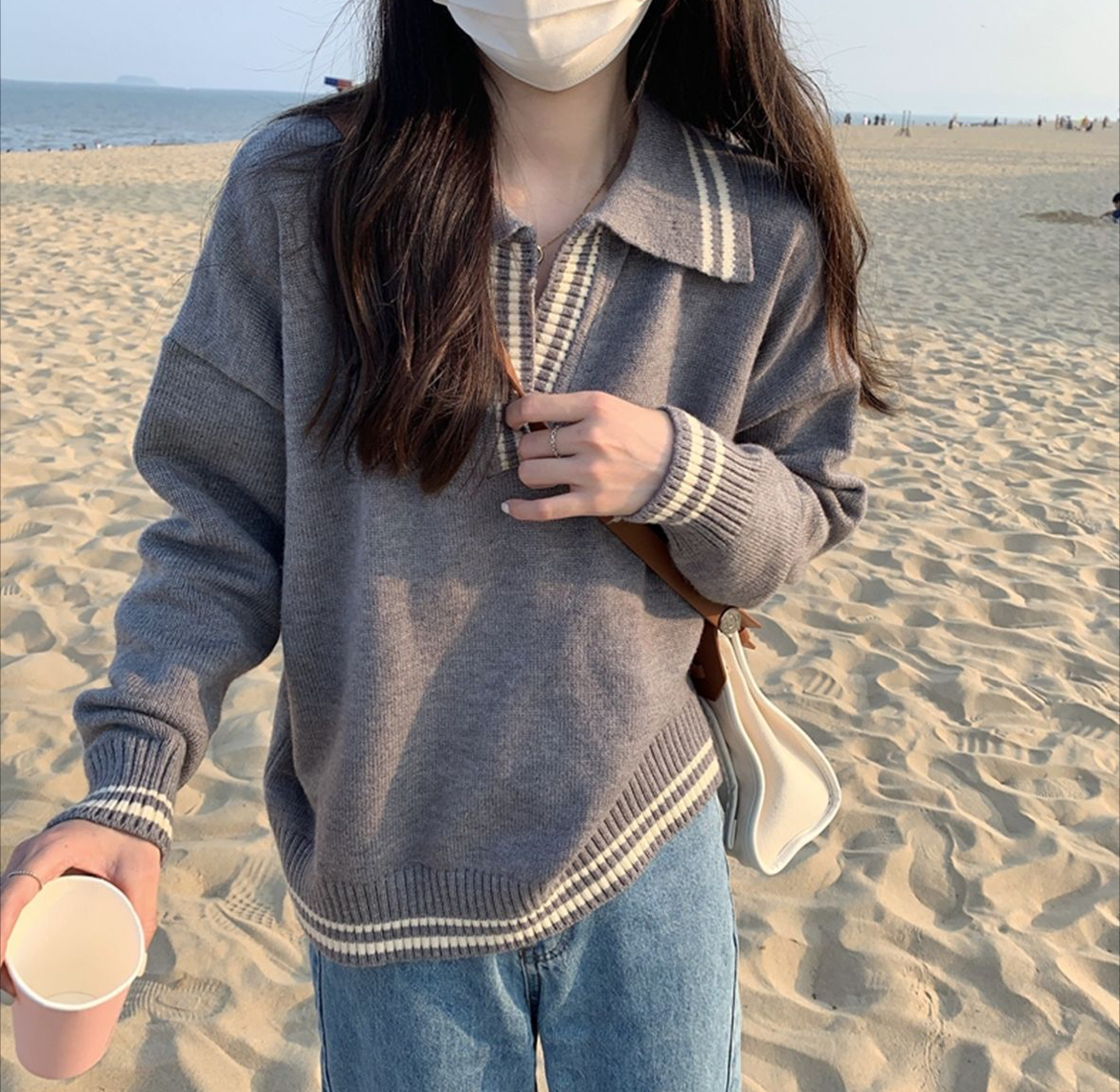 ᴷᴼᴿᴱᴬ 正韓🇰🇷韓版撞色Polo衫小眾設計款條紋針織毛衣（三色）