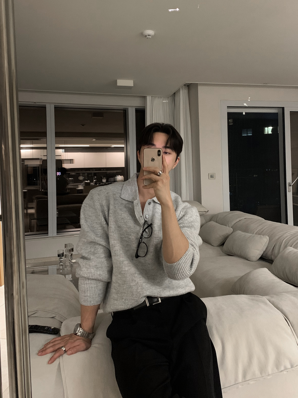 鈕扣領長袖針織衫