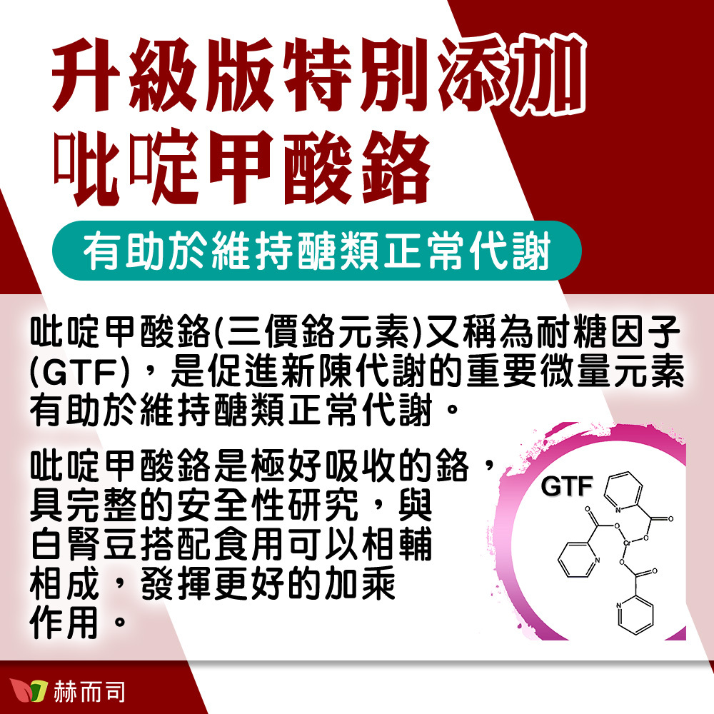 白腎豆推薦 赫而司Phase-2®二代專利白腎豆升級版特別添加咇啶甲酸鉻，有助於維持醣類正常代謝！咇啶甲酸鉻(三價鉻元素)又稱為耐糖因子(GTF)，是促進新陳代謝的重要微量元素有助於維持醣類正常代謝。咇啶甲酸鉻是極好吸收的鉻，具完整的安全性研究，與白腎豆搭配食用可以相輔相成，發揮更好的加乘作用。