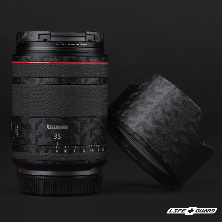 Canon RF 35mm F1.4 貼膜質感特寫，LIFE+GUARD 箭影黑設計風格