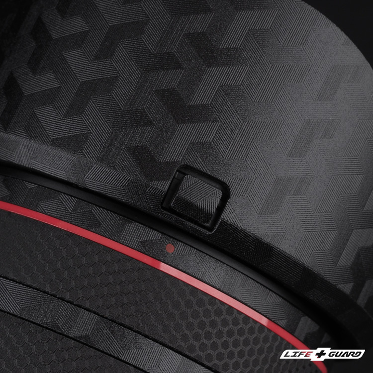 Canon RF 35mm F1.4 貼膜質感特寫，LIFE+GUARD 箭影黑設計風格