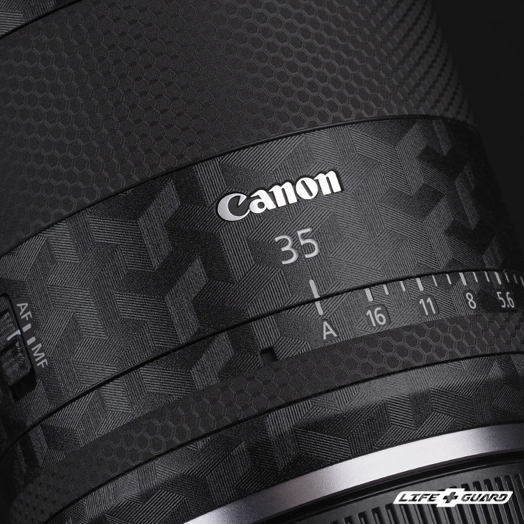 Canon RF 35mm F1.4 貼膜質感特寫，LIFE+GUARD 箭影黑設計風格