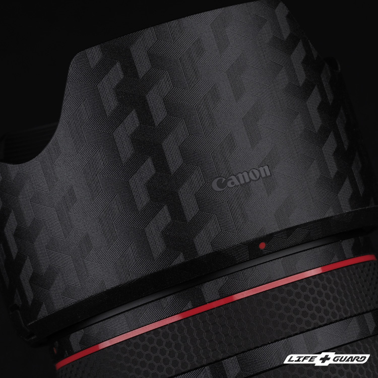 Canon RF 35mm F1.4 貼膜質感特寫，LIFE+GUARD 箭影黑設計風格