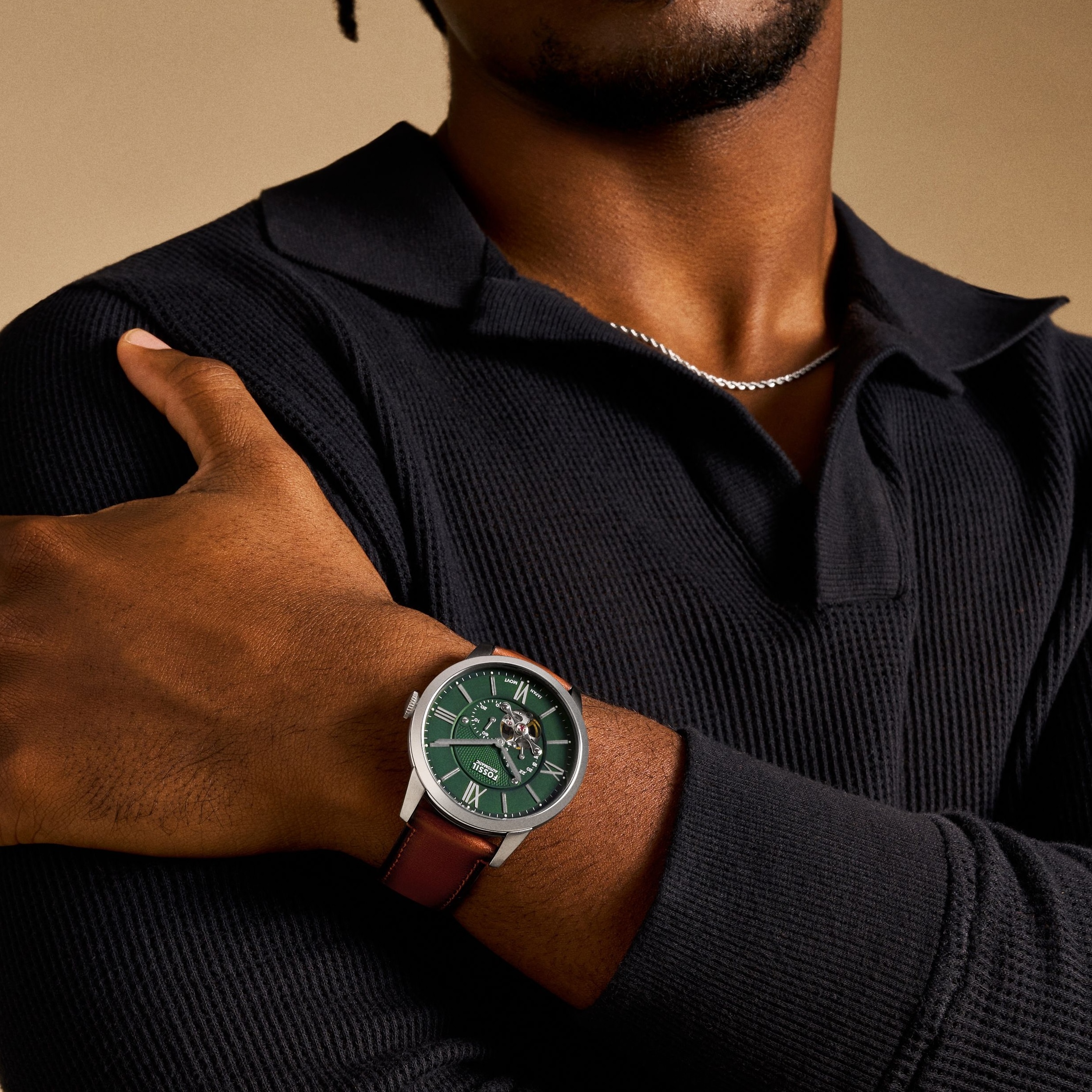 Townsman 摩登都會碧綠機械手錶&nbsp; 棕色真皮錶帶 44MM ME3265