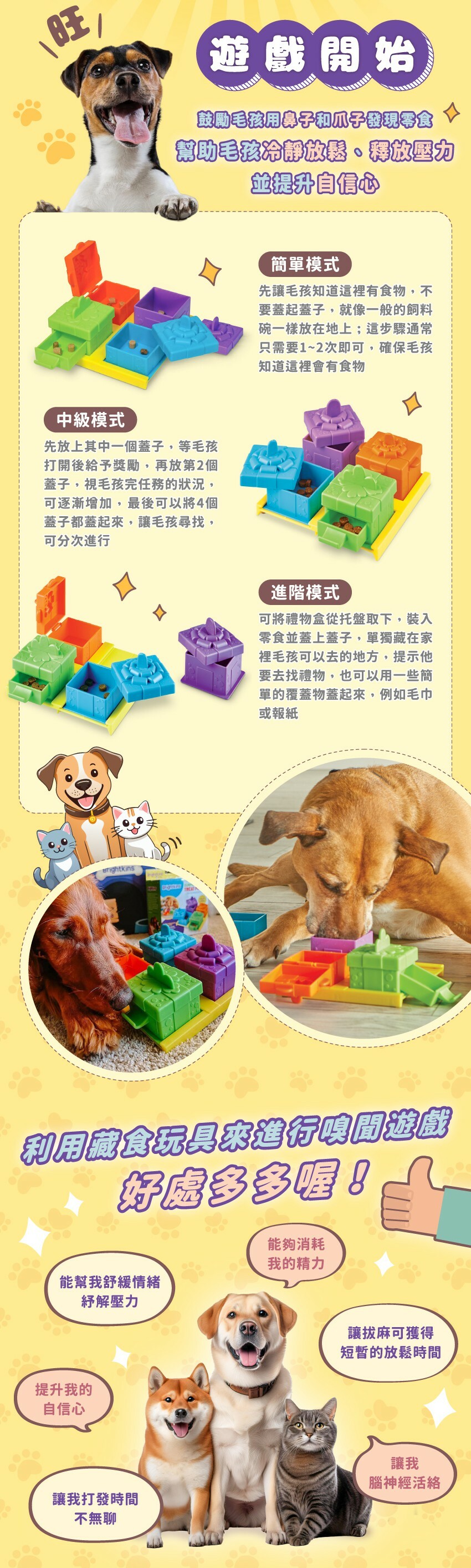 簡單模式:先讓毛孩知道這裡有食物,不要蓋起蓋子。中級模式:先放上其中一個蓋子,等毛孩打開後給予獎勵,最後可以將4個蓋子都蓋起來,讓毛孩尋找。進階模式:可將禮物盒藏在家裡毛孩可以去的地方,提示牠去尋找,也可以用一些簡單的覆蓋物蓋起來,例如毛巾或報紙