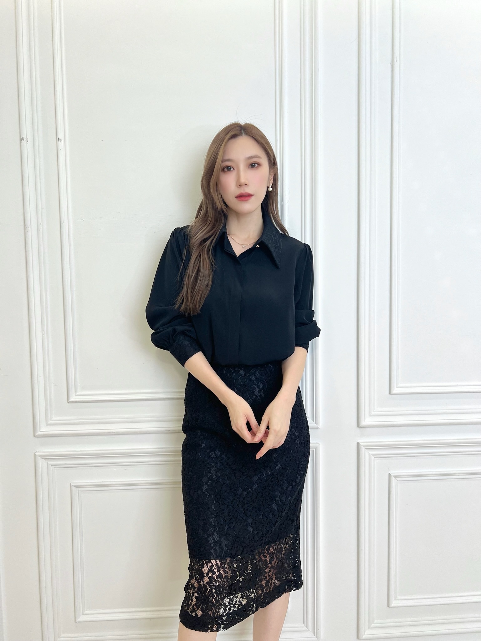 絕美蕾絲領襯衫+窄裙套裝