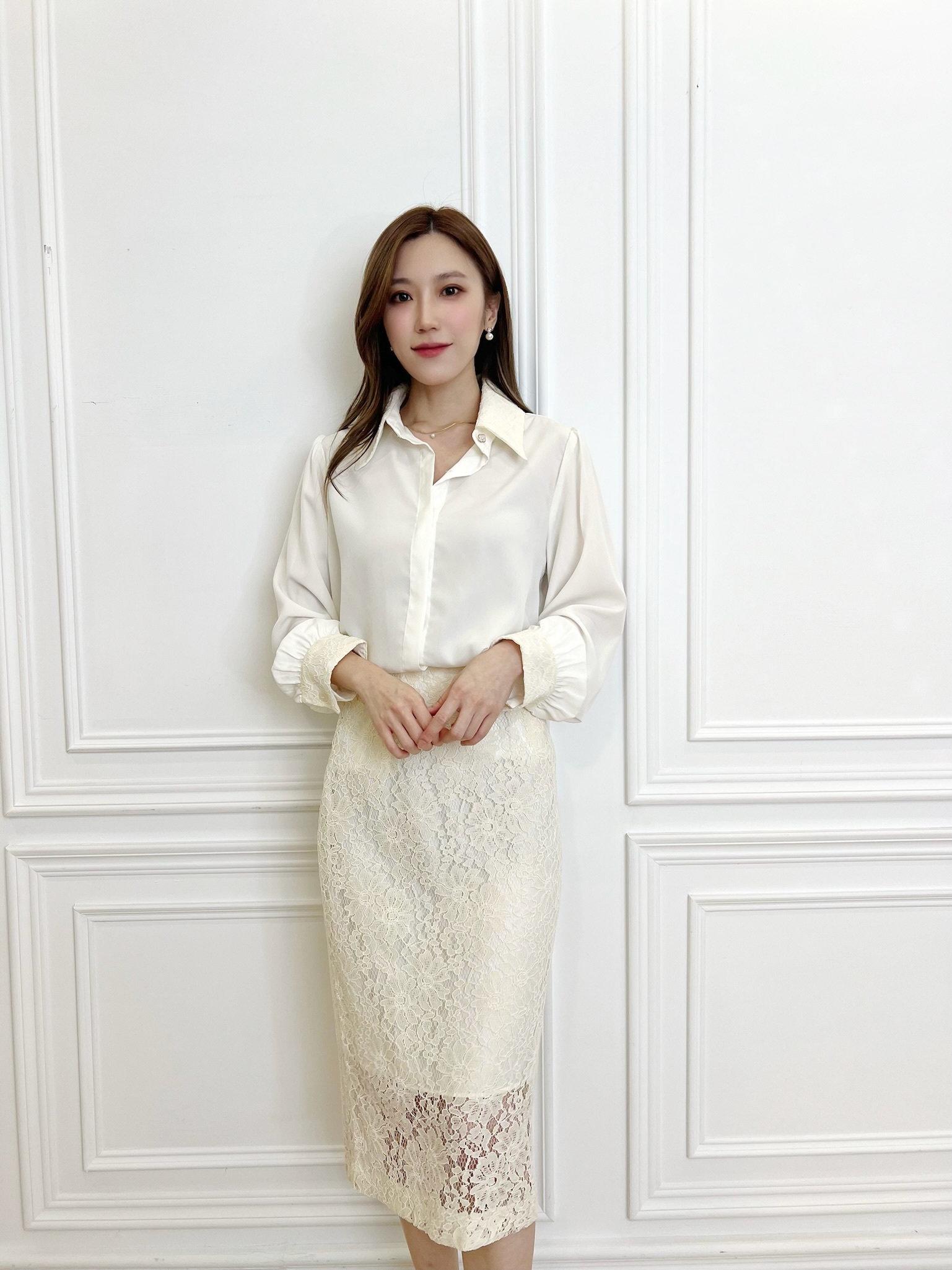 絕美蕾絲領襯衫+窄裙套裝