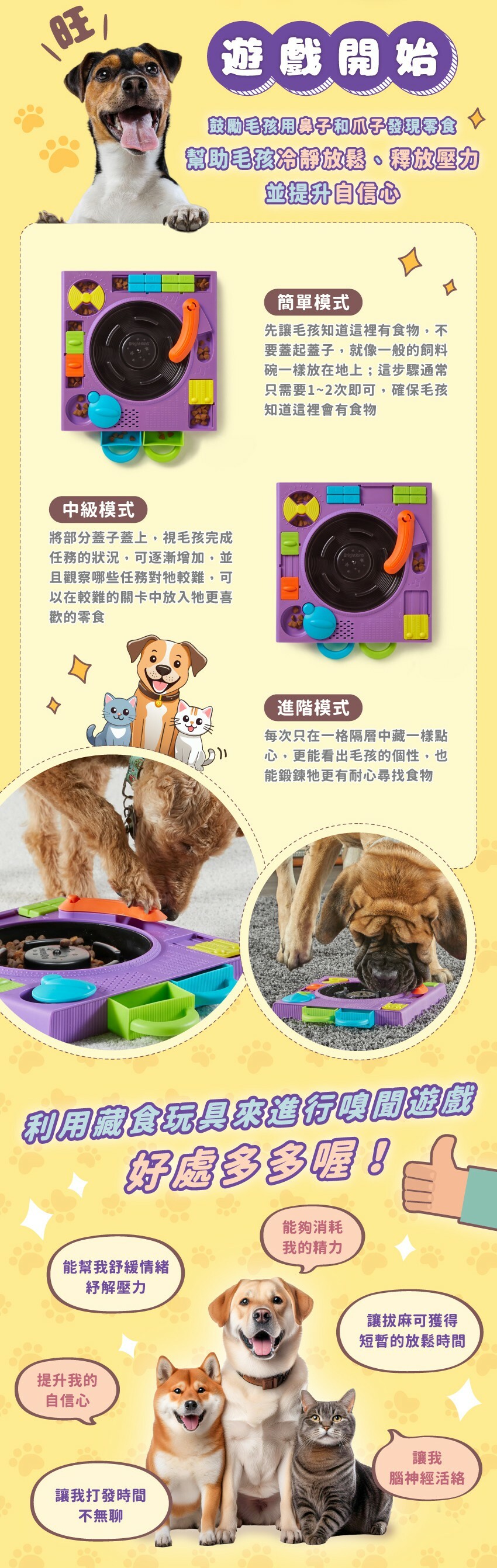 簡單模式:先讓毛孩知道這裡有食物,不要蓋起蓋子。中級模式:將部分蓋子蓋上，再視情況逐漸增加。進階模式:每次只在一格隔層中藏一樣點心,更能看出毛孩的個性,也能鍛錬牠更有耐心尋找食物