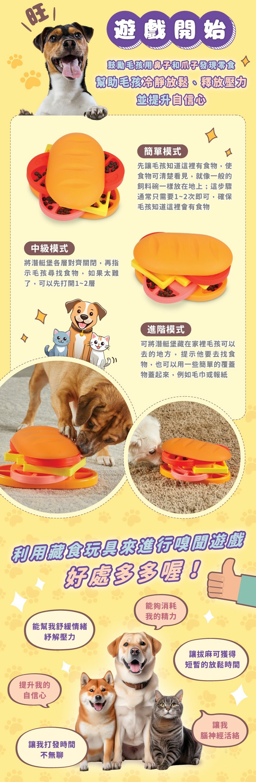 簡單模式:先讓毛孩知道這裡有食物,不要蓋起蓋子。中級模式:將潜艇堡各層對齊關閉,再指示毛孩尋找食物,如果太難了,可以先打開1~2層。進階模式:可將潛艇堡藏在家裡毛孩可以去的地方,提示牠去尋找,也可以用一些簡單的覆蓋物蓋起來,例如毛巾或報紙