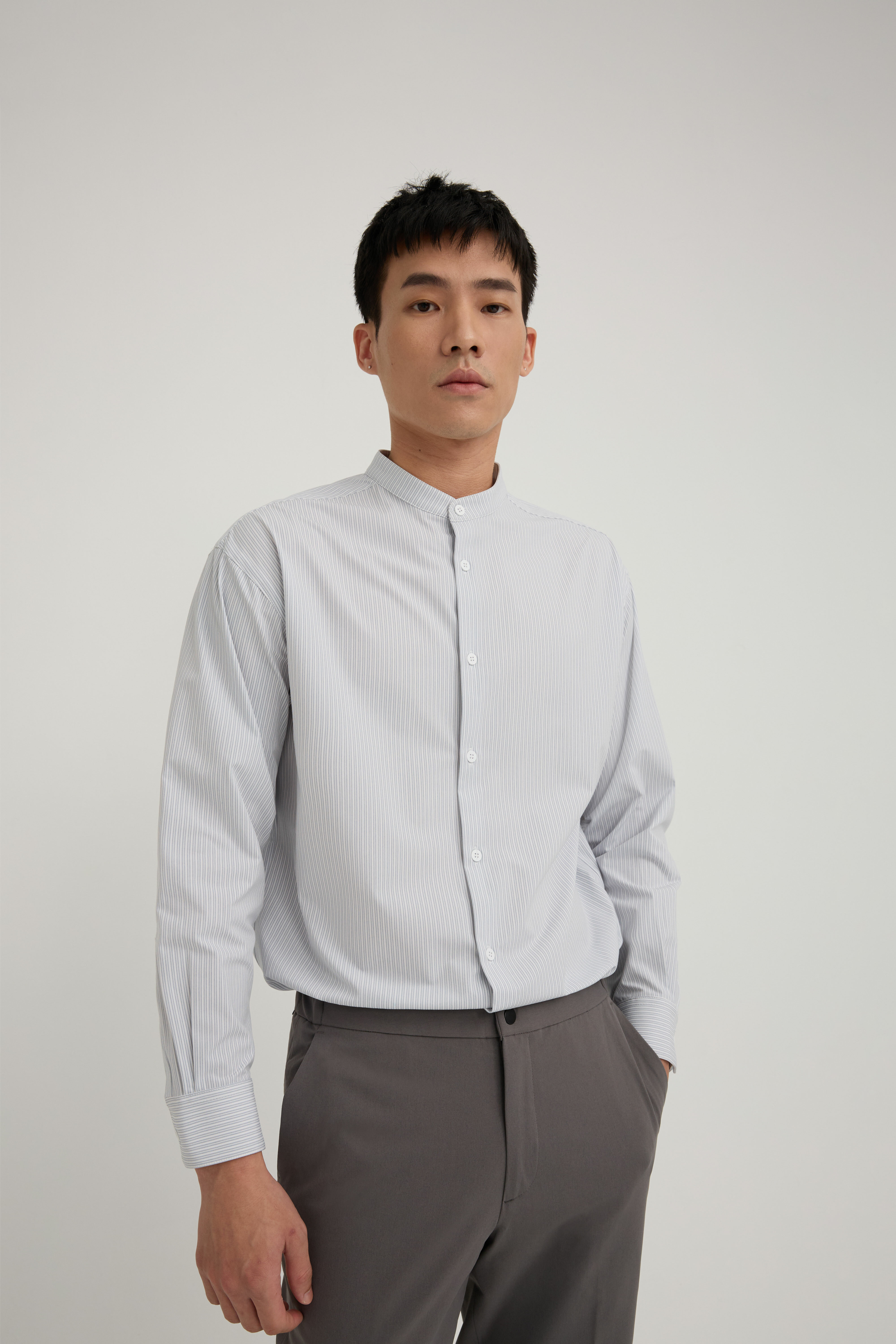 STRIPE 長袖立領襯衫 男（天藍）