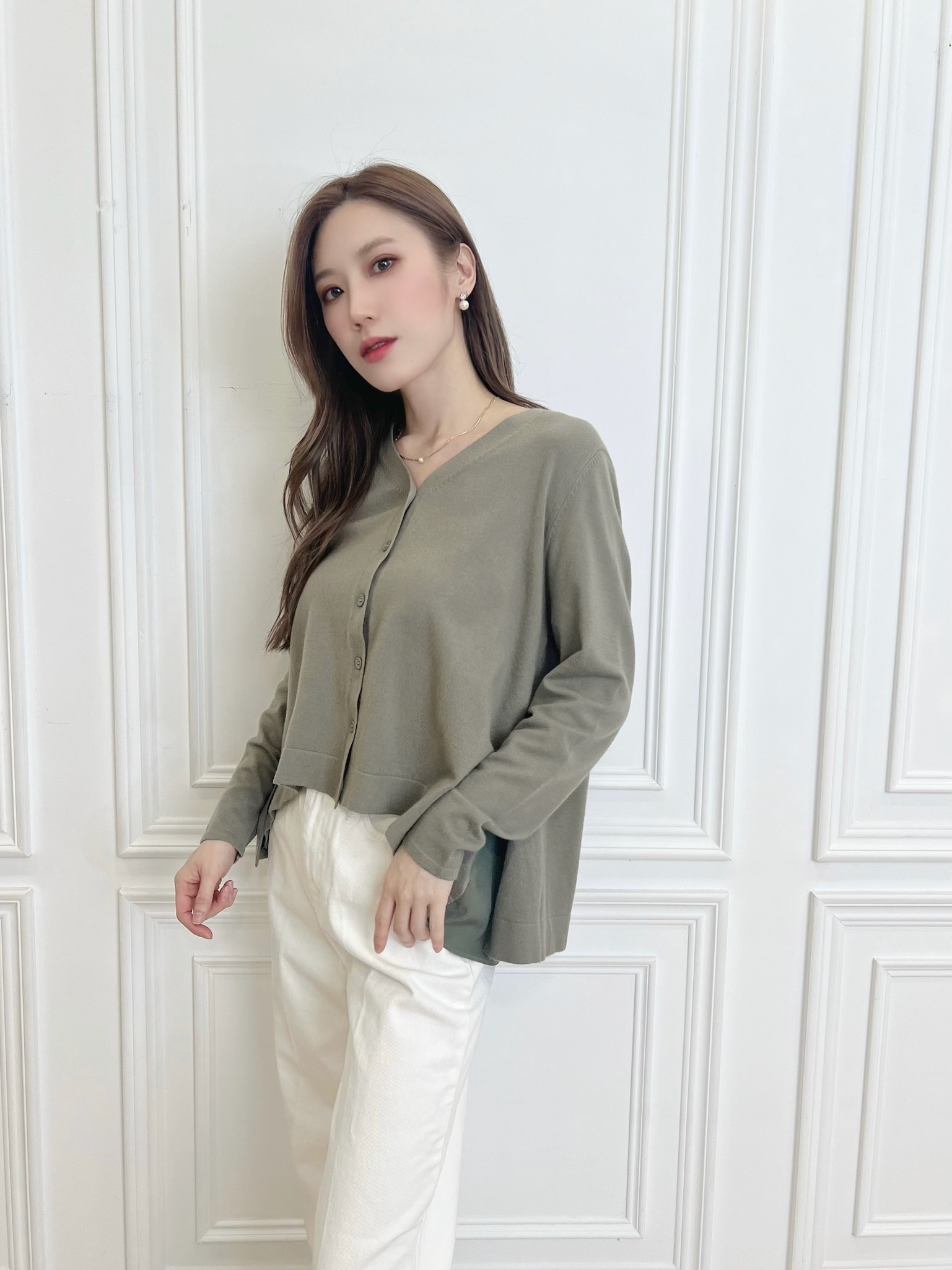 後開衩拼接雪紡針織開襟衫