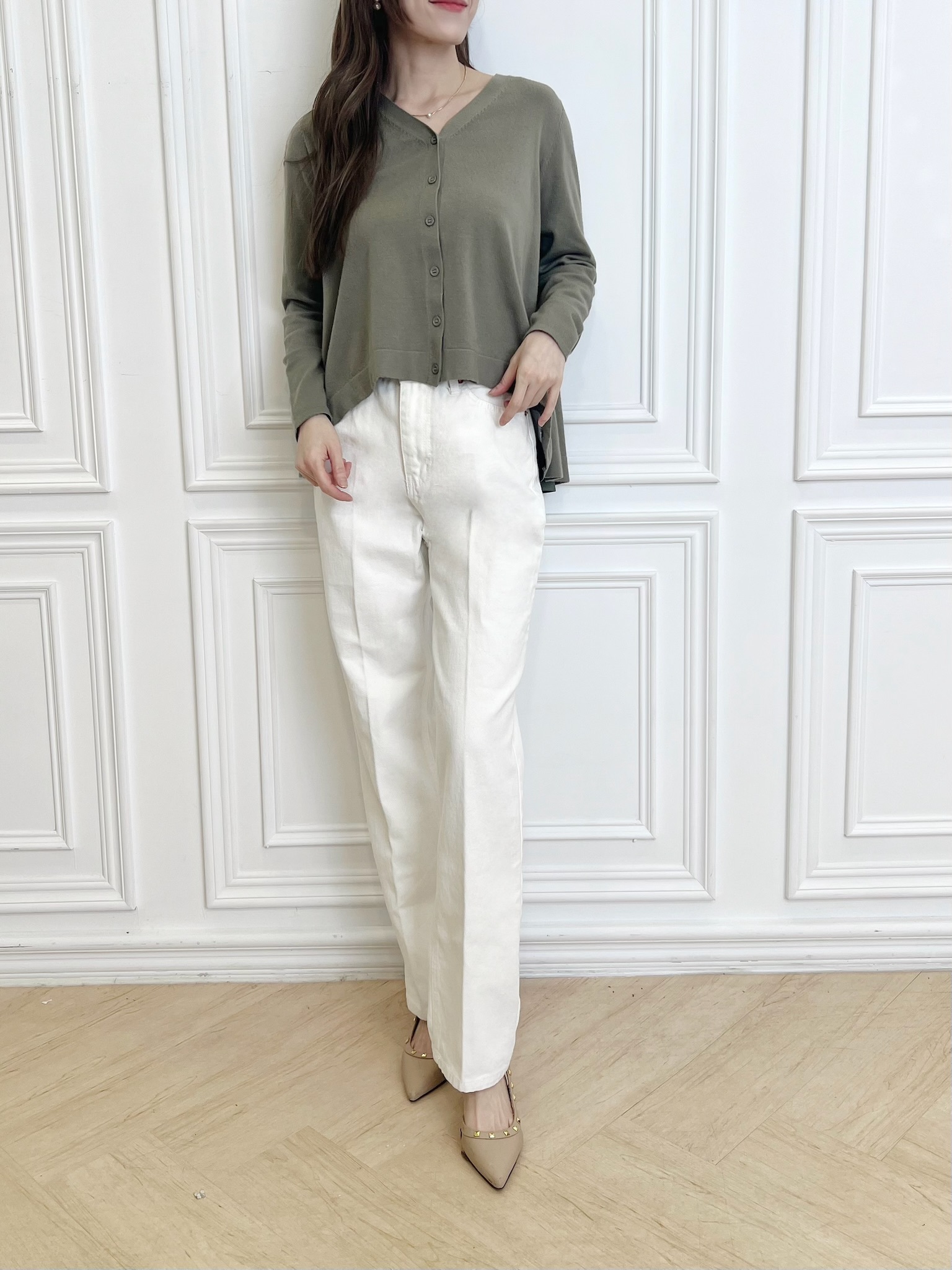 後開衩拼接雪紡針織開襟衫