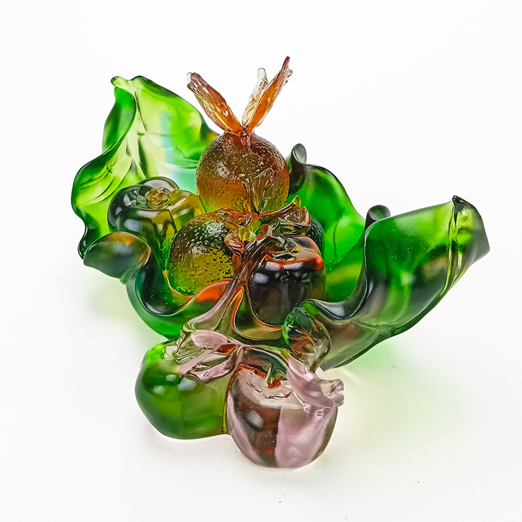 鹿港窯禮品館|琉璃擺飾|事事如意的柿子與荔枝設計|脫臘技法彩色水晶玻璃 |中華傳統文化藝術品