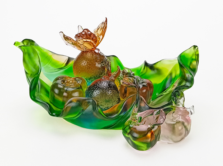 鹿港窯禮品館|琉璃擺飾|事事如意的柿子與荔枝設計|脫臘技法彩色水晶玻璃 |中華傳統文化藝術品