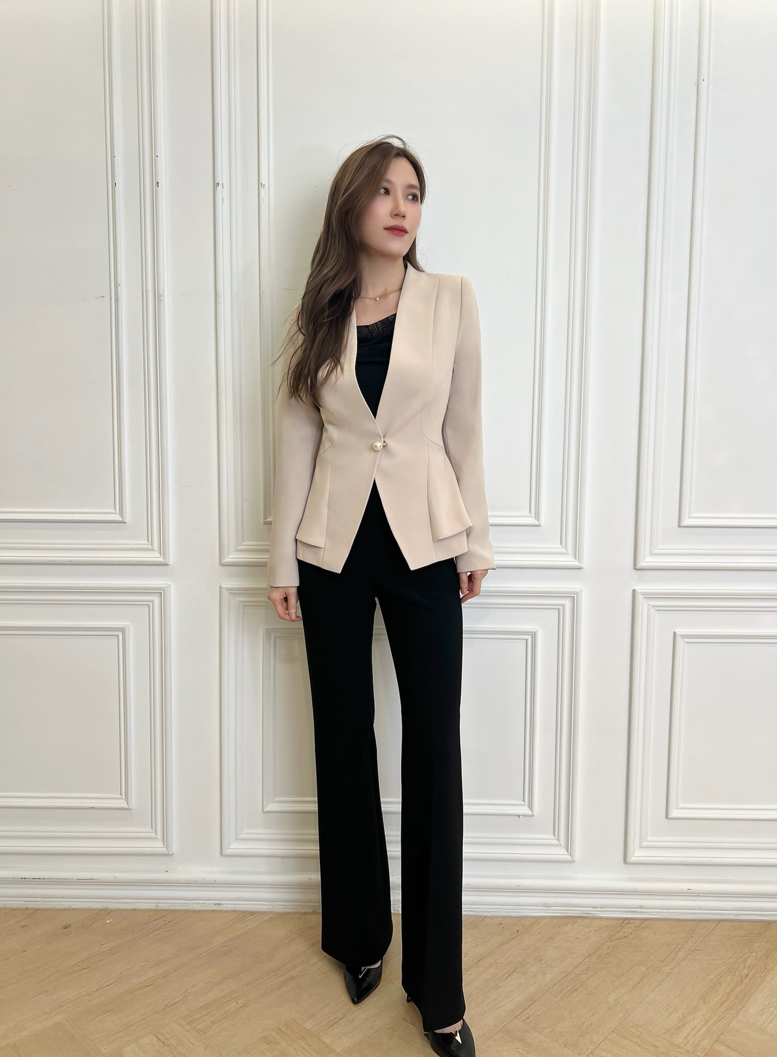 (職場必備)修身無領珍珠釦西裝外套